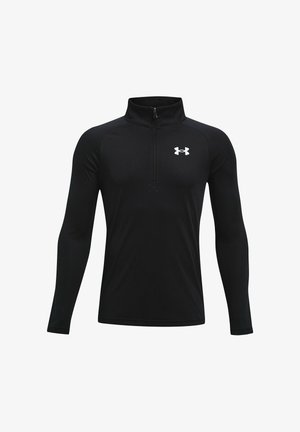 Must pikkade varrukatega sportlik särk, millel on veerandlukuga sulgur ja valge Under Armour logo vasakul rinnal.
