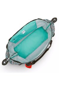Multi-colored tote bag with a black base, featuring a patterned exterior and a bright turquoise interior. Includes a zippered pocket.