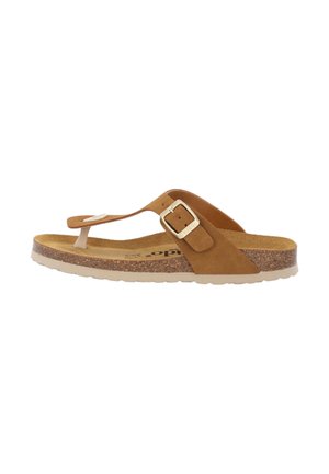 Braune Wildleder-Hav sandal mit Zehensteg und verstellbarem Schnallenverschluss, Korkfußbett und Gummisohle, mit einer hellbeigen Außensohle.
