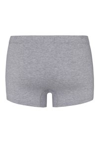 Grå bomullsboxershorts med en mjuk textur, med en medelhög midja och en dekorativ utskärning på baksidan.