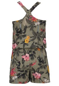 Květinový overal v olivově zelené barvě, s jasně růžovými a žlutými květinami, černými akcenty, překříženými zády a volným střihem.