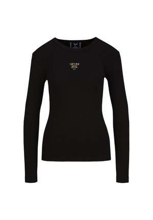 Schwarzes, eng anliegendes Langarmshirt mit rundem Ausschnitt und kleinem goldenem "19V69 Italia"-Logo mittig auf der Brust.