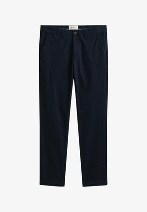 Donkerblauwe broek met rechte pijpen, steekzakken aan de zijkant, riemlussen, knoopsluiting en een GANT-label aan de binnenzijde van de tailleband.