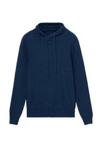 Sudadera con capucha de punto azul oscuro con cuello tipo capucha, mangas largas y puños y dobladillo acanalados. Cuenta con un cordón ajustable en el cuello.