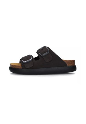 Sandalo in suede nero a scivolo con due cinture regolabili, plantare in sughero e suola in gomma nera testurizzata. Design piatto con punta aperta.