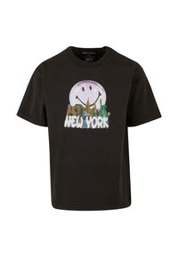 Svart bomulls t-skjorte med et stort, smilende måne-grafikk over en skyline med teksten "NEW YORK" i fete hvite bokstaver nederst.
