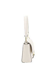 White leather shoulder bag with a smooth texture, contrasting black edging, and a thin strap attached by gold hardware.