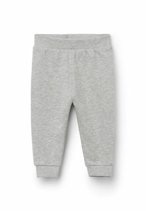 Šedé bavlněné joggingové kalhoty s elastickým pasem, žebrovanými manžetami a měkkou texturou. Jednoduchý design bez vzorů nebo výzdoby.