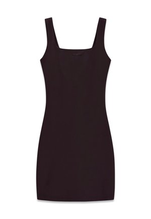 Vestito nero aderente senza maniche con scollatura quadrata e orlo corto, mostrato su sfondo bianco.