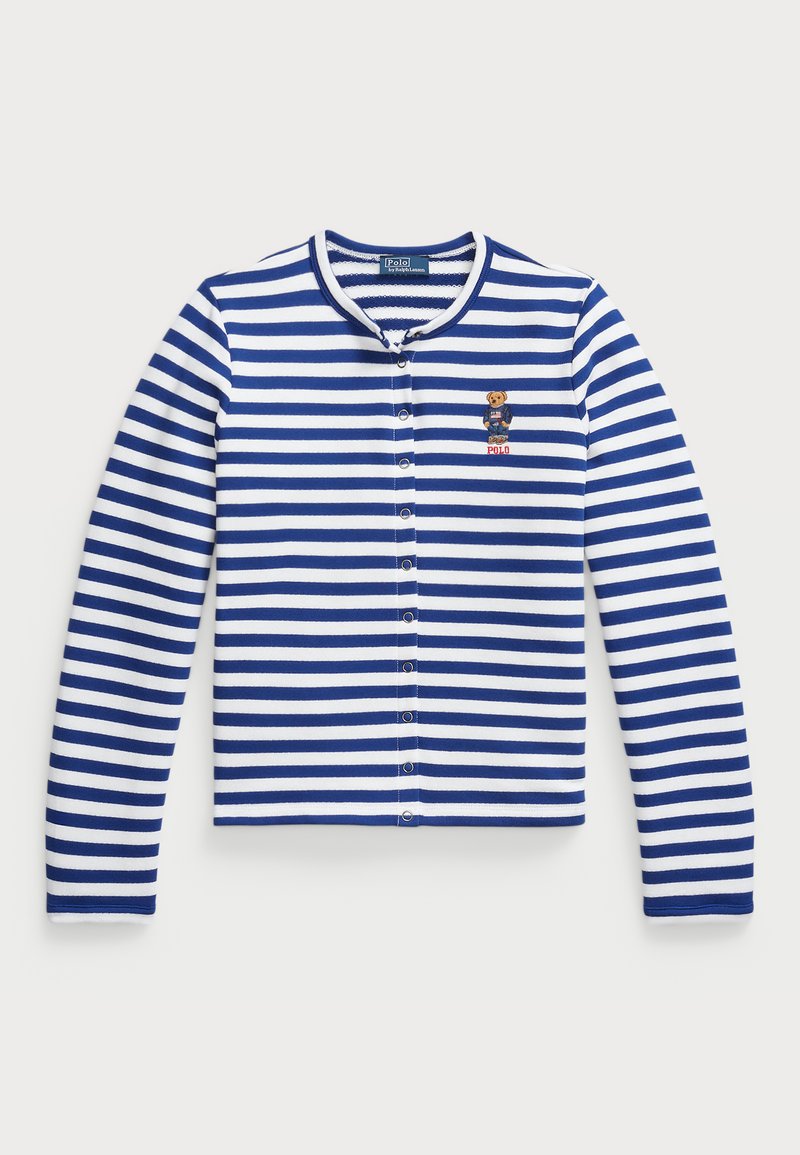 Cardigan cu dungi albastre și albe, cu mâneci lungi, gât rotund, închidere cu butoane și broderie cu un urs pe pieptul stâng. Material moale din bumbac.