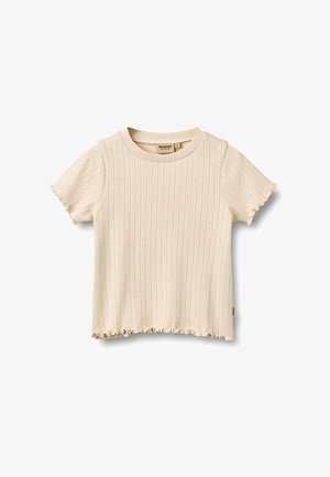 Beiges, kurzärmeliges, geripptes Strickshirt für Kleinkinder mit kleinen Lochdetails und wellenförmigem Saumabschluss an Ärmeln und Saum.