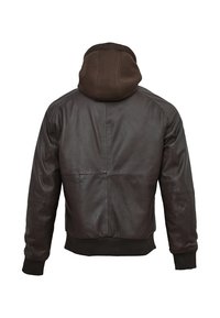 Mörkbrun läderjacka med en matchande brun huva, ribbade manschetter och fåll. Har en mjuk textur och sömdetaljer på baksidan.