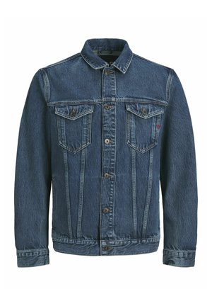 Dunkelblaue Denimjacke mit tailliertem Schnitt, klassischem Kragen, zwei Brusttaschen und silberfarbigen Knöpfen mit Steppdetails.