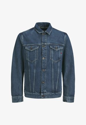 Dunkelblaue Denimjacke mit tailliertem Schnitt, klassischem Kragen, zwei Brusttaschen und silberfarbigen Knöpfen mit Steppdetails.