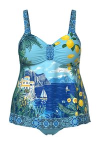 Haut de tankini bleu avec scène côtière méditerranéenne, voiliers, branches de citronnier, feuilles de palmier et bordure à motif en bas et sur les bretelles.