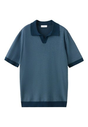 Blauw gebreid poloshirt met korte mouwen en een gestructureerd patroon, donkerblauwe kraag, mouwboorden en zoom.