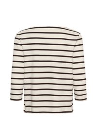 Chemise blanche à manches longues avec des rayures horizontales noires, vue de dos, avec un ourlet droit et un col rond.