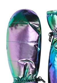 Holografische wanten met een glanzende paarse en groene iriserende afwerking, elastische manchetten en een trekkoordsluiting voor een veilige pasvorm.