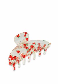 Fibbia per capelli in plastica trasparente con un motivo a cocomero, caratterizzata da frutti rossi e dettagli verdi. Progettata con diversi denti di presa per una buona tenuta.