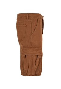 Brune cargo shorts laget av slitesterk stoff, med flere lommer, en avslappet passform, og et knelengdesign med sømdetaljer.