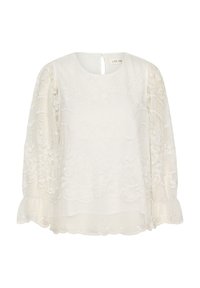 Blouse blanche en dentelle avec des manches longues texturées, col rond et détail en trou de serrure au dos. Présente des motifs floraux et un ourlet festonné.