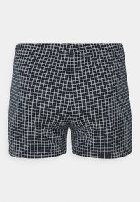 Zwarte zwembroek met een wit rasterpatroon, gemaakt van rekbaar materiaal met een elastische tailleband voor comfort.