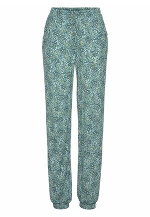 Løse turkise bukser med hvidt og gult blomsterprint, elastisk talje og rynkede manchetter.