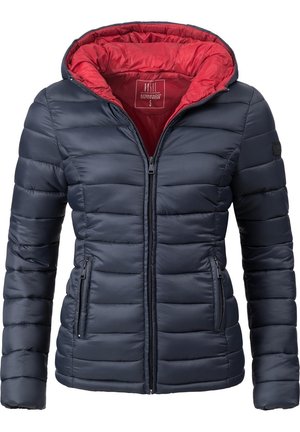 Navy puffer jacket with a red interior, featuring a zip closure, two side pockets, and horizontal quilted pattern. Hooded design, lightweight material.
