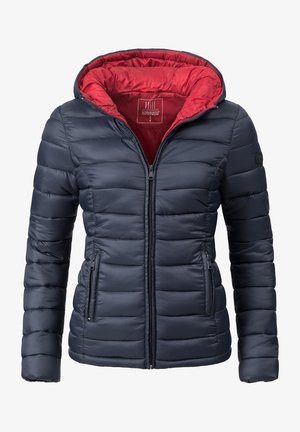 Navy puffer jacket with a red interior, featuring a zip closure, two side pockets, and horizontal quilted pattern. Hooded design, lightweight material.