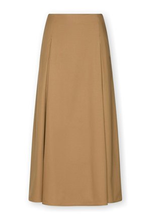 Falda midi en línea A de cintura alta color camello con pliegues frontales sutiles y textura de tela suave.