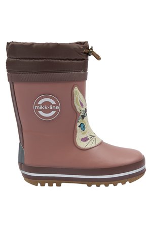 Botte de pluie rose pour enfants avec revers marron, décoration visage de lapin et logo "mikk-line" sur le côté.