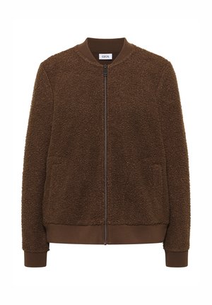 Blouson bombardier marron avec un extérieur texturé et duveteux, fermeture éclair, poignets et ourlet côtelés, et deux poches latérales.