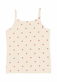 Tricou bej pentru copii, cu bretele subțiri, având un model cu inimioare roșii mici. Fabricat dintr-un material moale, are un decolteu rotund și un tiv drept.