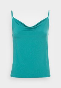 Camisola verde-água com decote drapeado, feita de um tecido macio e elástico. Apresenta alças finas e uma silhueta ajustada.
