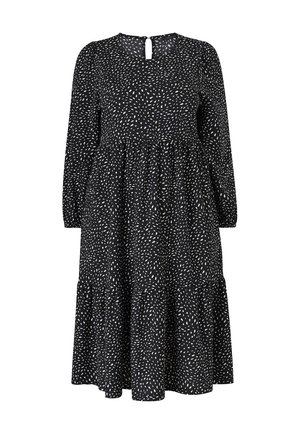 Abito nero con motivo bianco a macchie, maniche lunghe, scollo tondo e dettaglio a chiave sul retro. Design a gonna a strati.