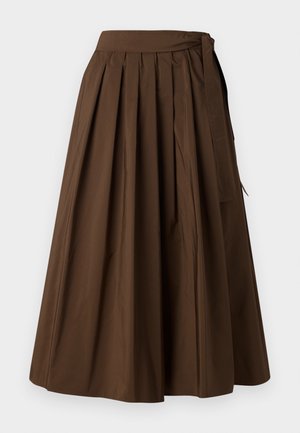 Brown pleated skirt made of fabric with a smooth texture, featuring a high waist and side tie detail for closure.