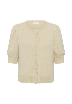 Bézs színű rövid ujjú kardigán kerek nyakkivágással, elöl gombos záródással, fodros ujjakkal és texturált bordázott mandzsettával és szegéllyel.