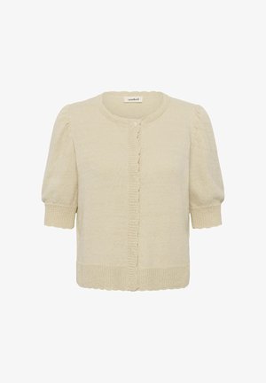 Bézs színű rövid ujjú kardigán kerek nyakkivágással, elöl gombos záródással, fodros ujjakkal és texturált bordázott mandzsettával és szegéllyel.