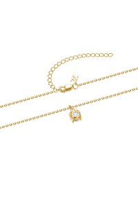 Gold-tone necklace with a delicate chain and a small round pendant featuring a clear stone, secured with a lobster clasp.