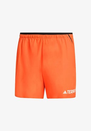 Shorts deportivos naranjas hechos de un tejido ligero con una cinturilla elástica, con un acento negro y el logotipo blanco "TERREX".