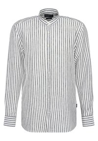 Camicia a maniche lunghe bianca e grigia a righe con colletto, chiusura frontale con bottoni e dettagli a righe a contrasto sui polsini. Materiale in misto cotone.