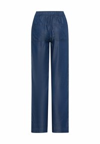 Marinblå byxor med rak bendesign, med ett elastiskt midjeband och två bakfickor. Slät, texturerad tygfinish.