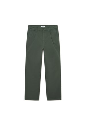 Pantalons en coton vert foncé avec une coupe droite, des poches avant et une fermeture à bouton à la taille. Texture lisse, sans motifs.