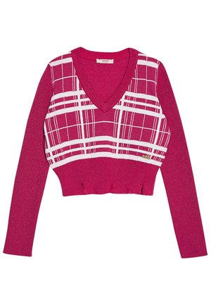 Maglione corto a V in fucsia con motivo a quadri bianchi, maniche lunghe, orlo a coste e dettaglio del logo in basso a sinistra.