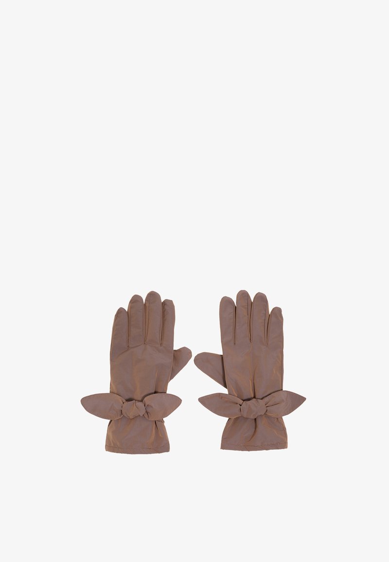 Gants marron en tissu doux, ornés d'un accent nœud au poignet et de coutures sur les doigts.