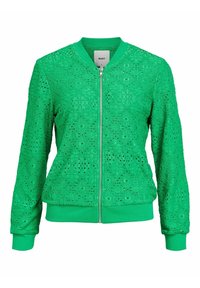 Vihreä pommikaukk Jacket, jossa on teksturoitu pitsimuotoilu, vetoketjukiinnitys ja ribatusta hihansuista sekä helmaa. Pystysuorat ja kukkaleikkaukset ovat näkyvissä.