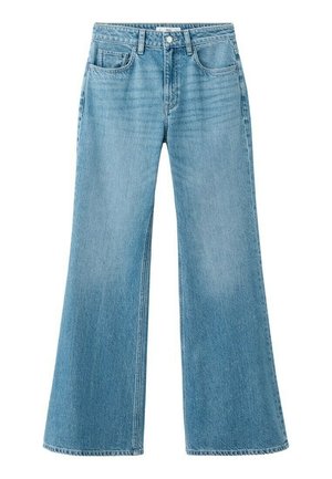 Lichtblauwe spijkerbroek met een hoge taille en wijde pijpen, voorzien van voorzakken en een knoopsluiting.