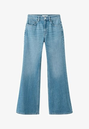 Lichtblauwe spijkerbroek met een hoge taille en wijde pijpen, voorzien van voorzakken en een knoopsluiting.