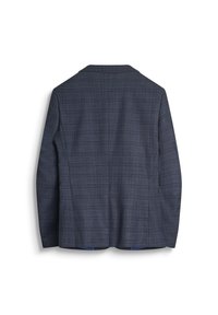 Blazer a quadri blu navy con colletto classico, spalle strutturate e vestibilità sartoriale, caratterizzato da una sottile texture e rivestimento a contrasto.