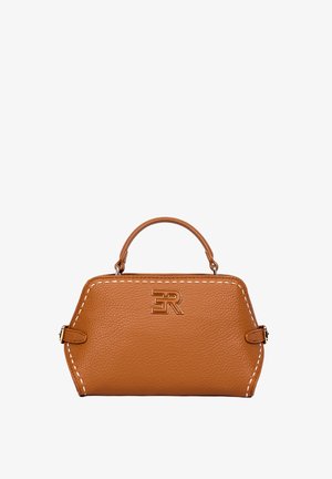 Borsa compatta in pelle marrone con manico superiore, cuciture bianche lungo i bordi e logo ER metallico centrato sulla parte anteriore.